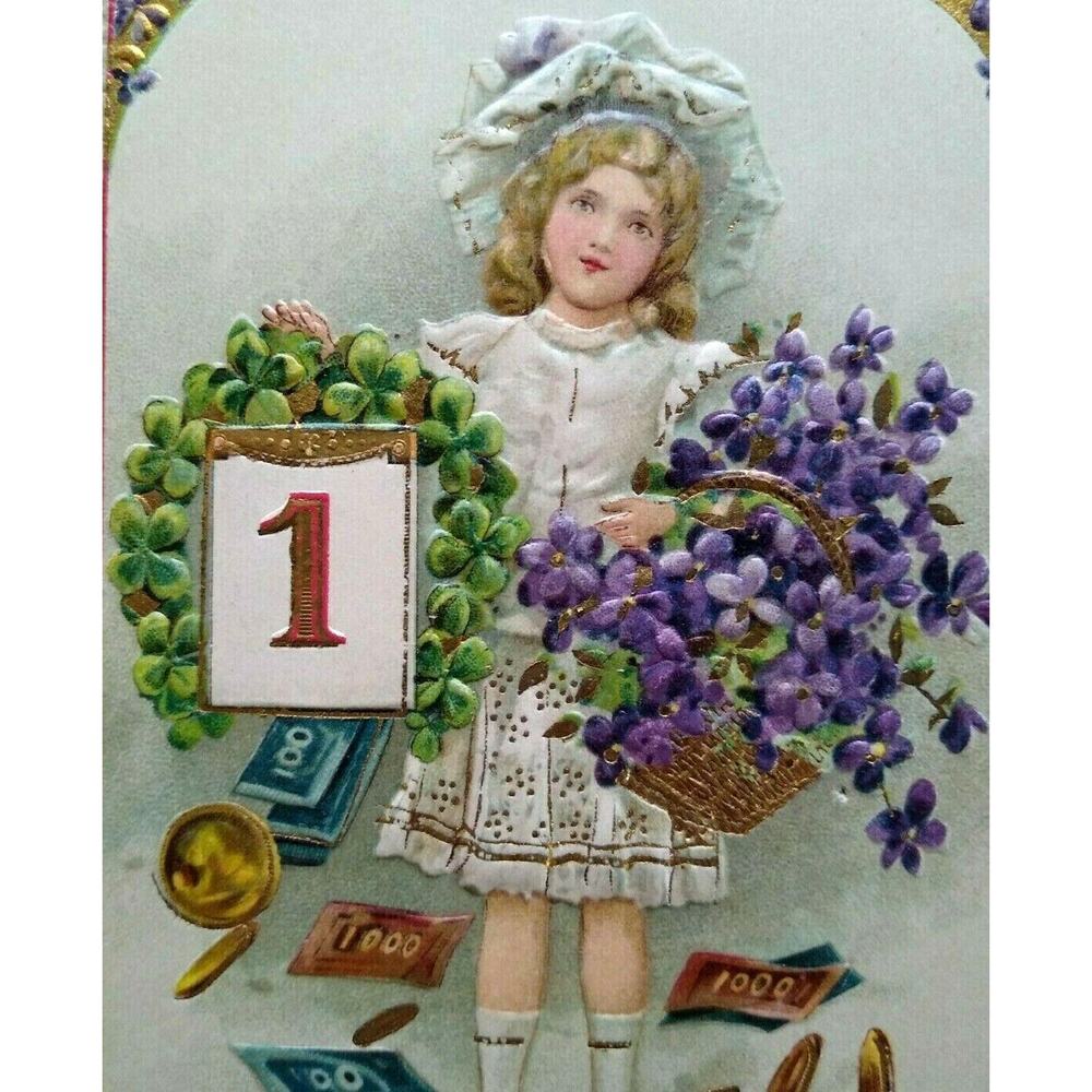 Victorian New Year Postcard Gold Trim Girl With Flowers Germany Deep Embossed